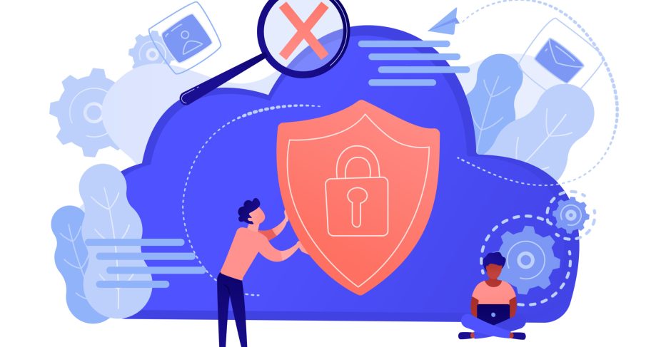 Man holding security shield and developer using laptop. Data and applications protection, network and information security, safe cloud storage concept. Vector isolated illustration.